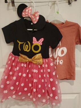 Pink Polka Dot 'Two' Minnie Dress And Two Cute Tshirt